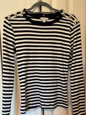 Tommy Hilfiger Black and White Striped Long Sleeve Top with Gold Buttons